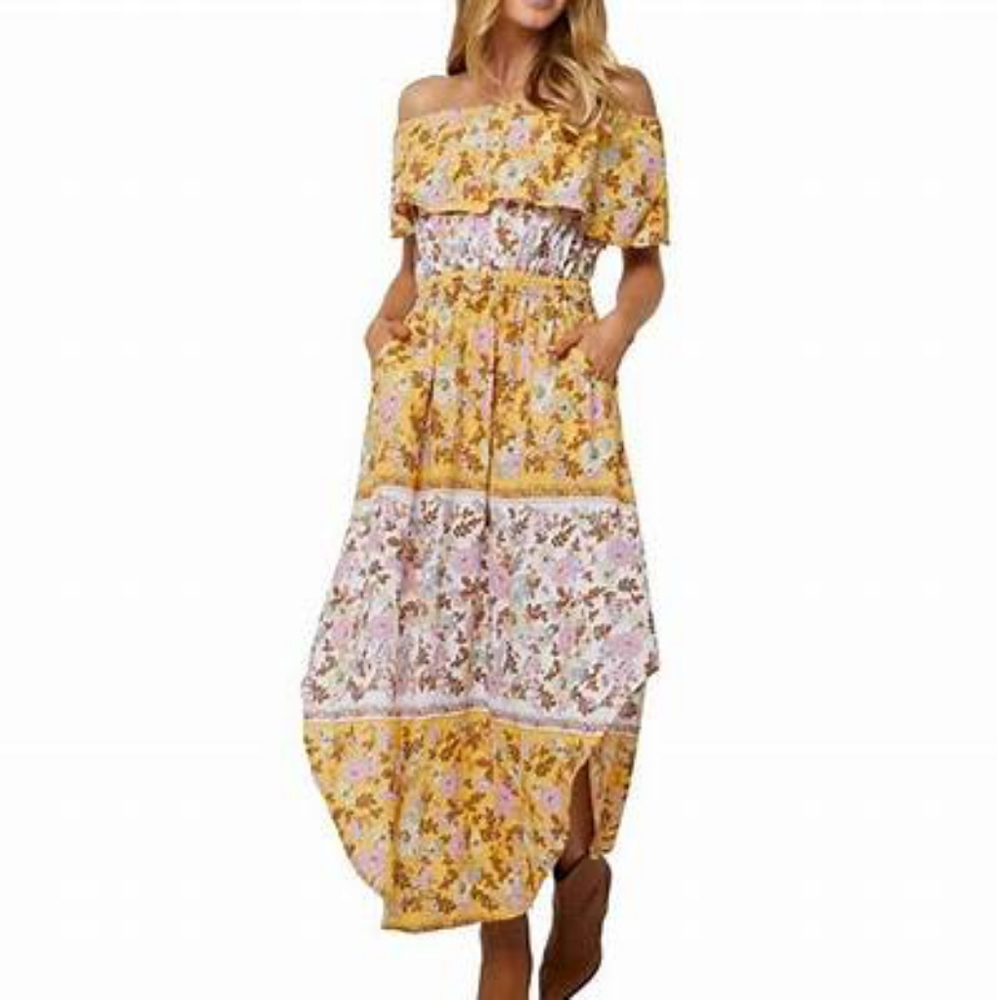 O’NEILL Ziggi Sunshine Yellow Boho Floral Boho Off The Shoulder Midi Dress NWT - Picture 6 of 14